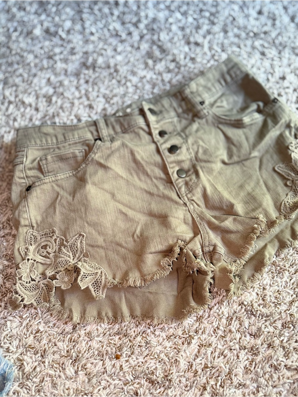 Wish Denim High Rise olive color Crochet Lace Distressed Shorts Size 13